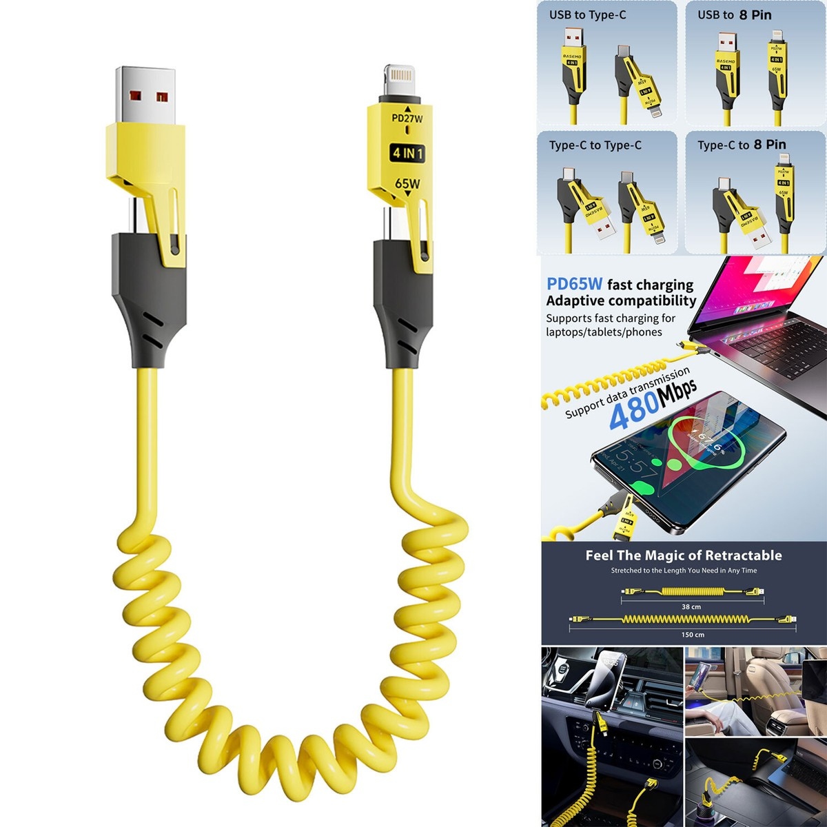 Fast Charging 4-in-1 Spring Data Cable (65W), USB-A + Type-C to Type-C