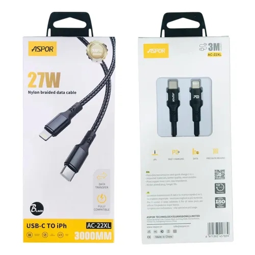 ASPOR AC-22 USB-C TO iPhone CABLE C TYPE TO LIGHTNING CABLE 27W / C TYPE TO IPHONE CABLE